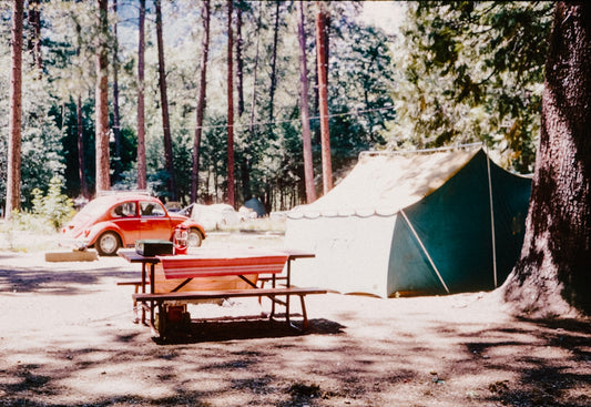 A car parked next to a tent in the woods
