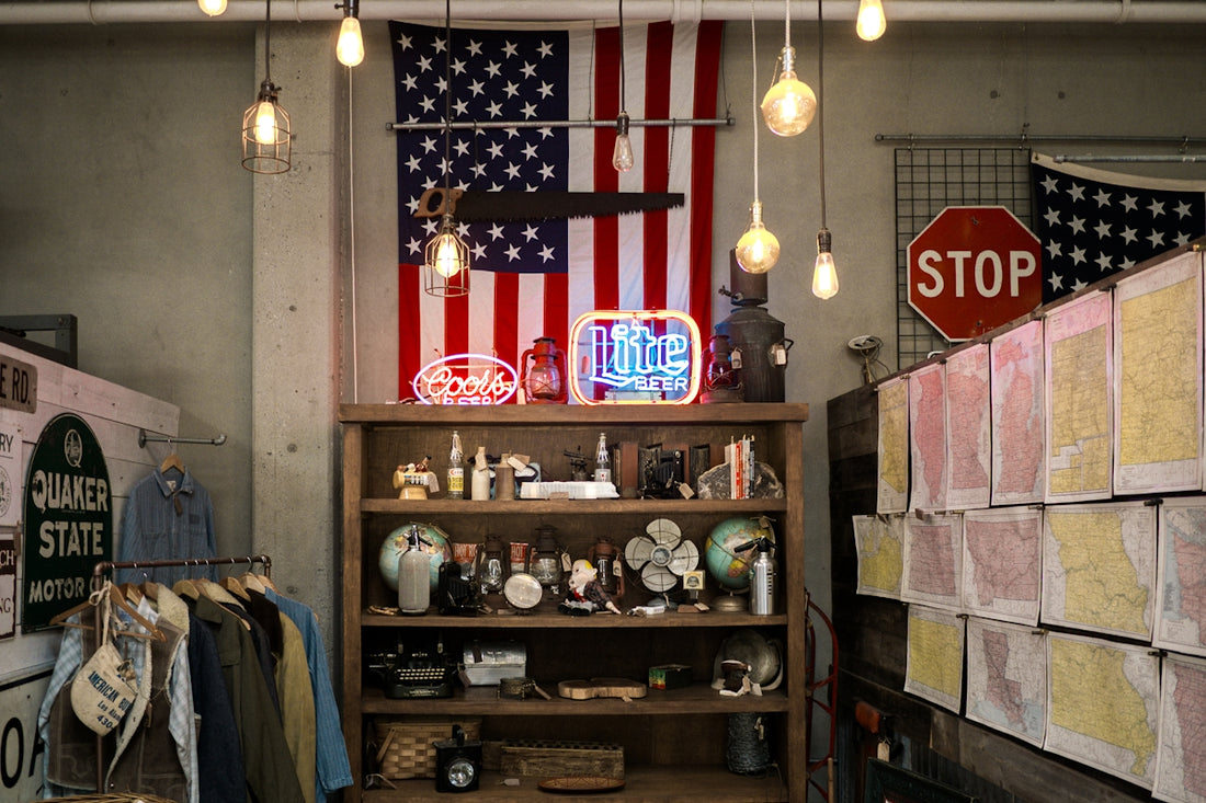American flag and vintage items in a shop