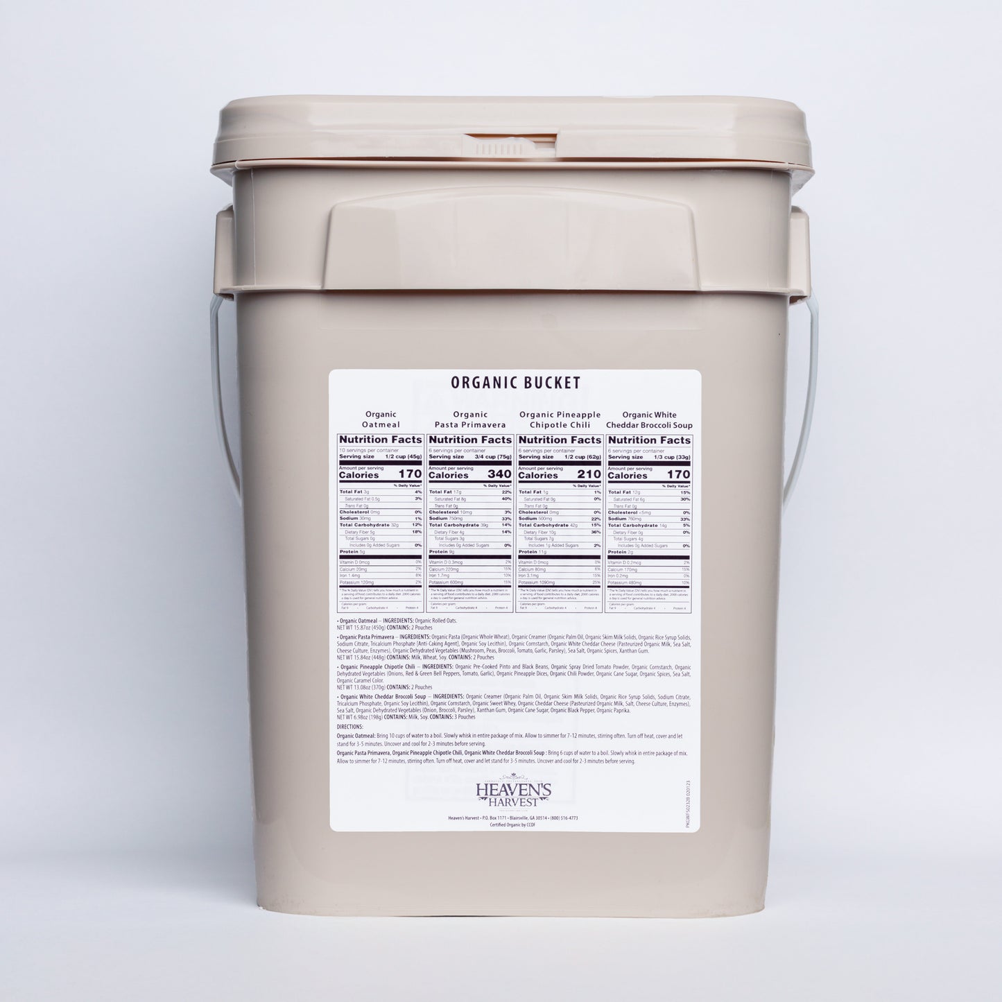 Organic Meal Bucket - 1 Person 1 Week - 62 Servings -  Emergency Food Survival Kit